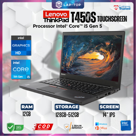 Laptop Lenovo Thinkpad T450s Intel Core i5 Gen 5 RAM 12GB SSD 256GB Original Murah Second Garansi