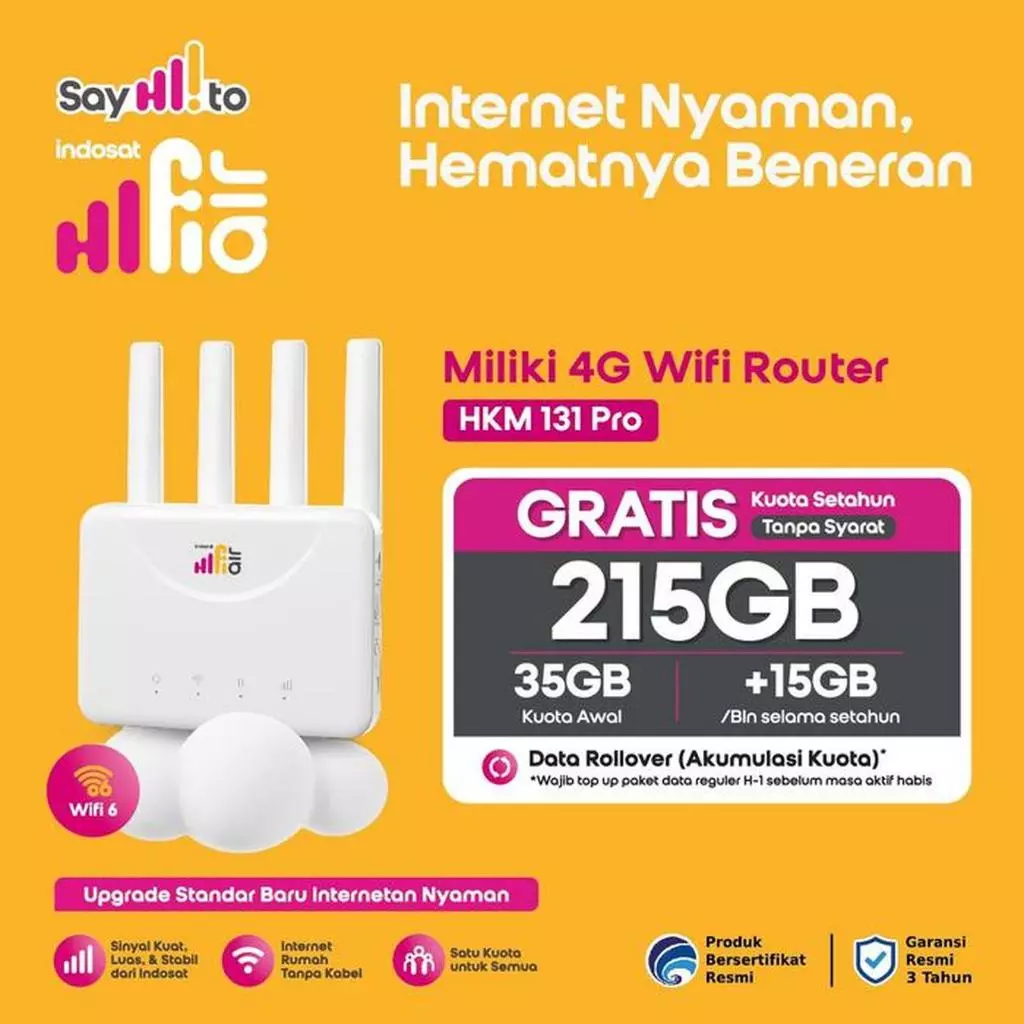Modem HKM 131 Pro Indosat Hifi Air Wifi 4G Unlock All Operator Kuota 215GB 12 Bulan