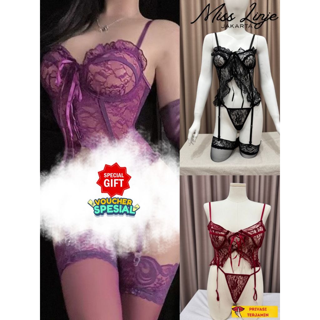 Misslinjejkt Baju Dinas Lingerie Sexy Wanita Hitam Korset Set Bra Bustier Gstring dan Stocking Lace 