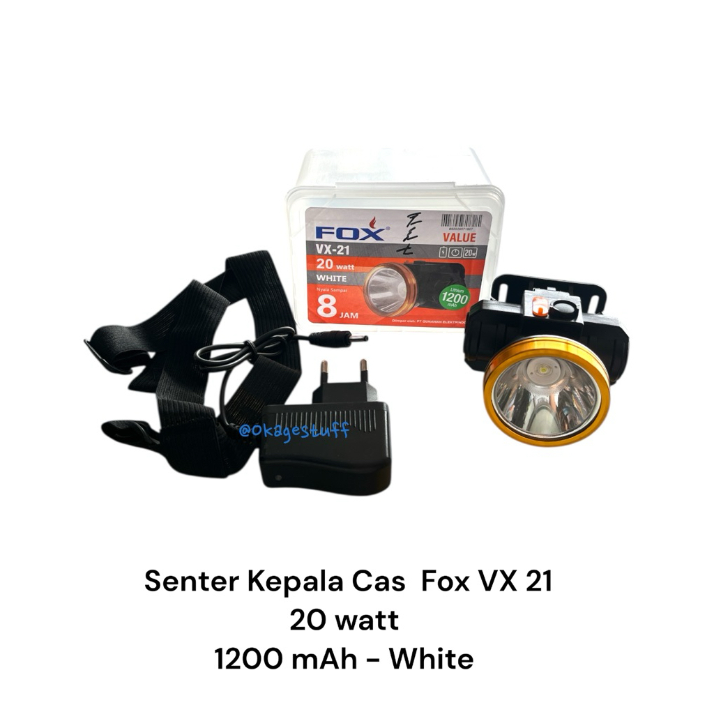 senter kepala FoX GE 220 20 watt lampu led putih headlamp charge cas lensa kuning harga murah kualit
