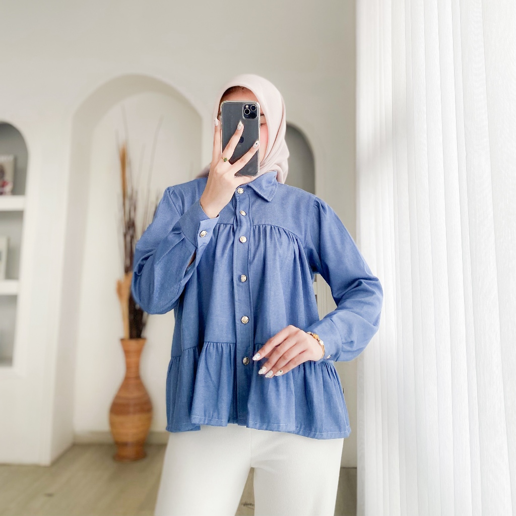 Ara Jeans Shirt Bahan Nudie Jeans Blouse Wanita Elegan Dan Modis Atasan Korean Style Kemeja Kekinian