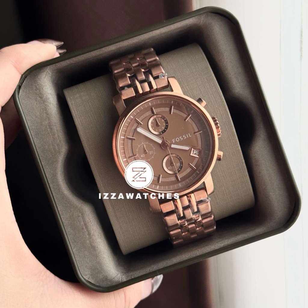 Jam Tangan Wanita ES3494 Chronograph Brown Dial Rosegold Stainless Steel Strap