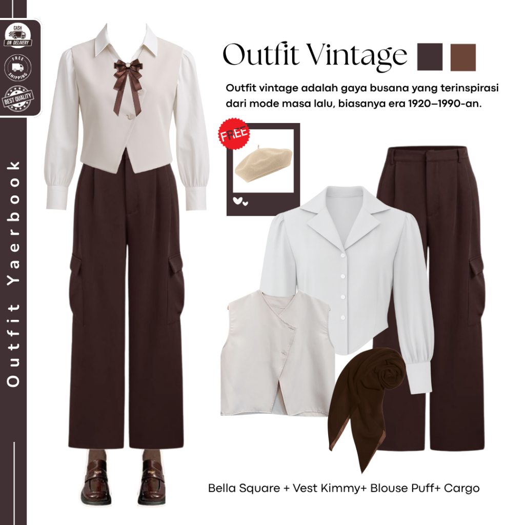 Outfit Yearbook Vintage (Vest + Blouse + Celana Cargo ) Setelan Outfit Yearbook Viral - FO43