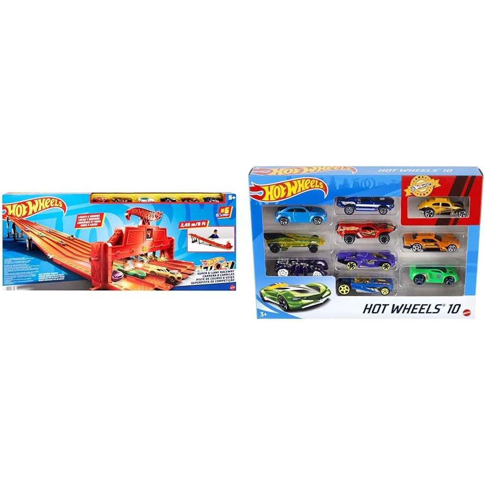 Bundle of Hot Wheels Playset with Lights, Sounds & 6 Vehicles, Super 6-Lane Raceway, 8-foot Track