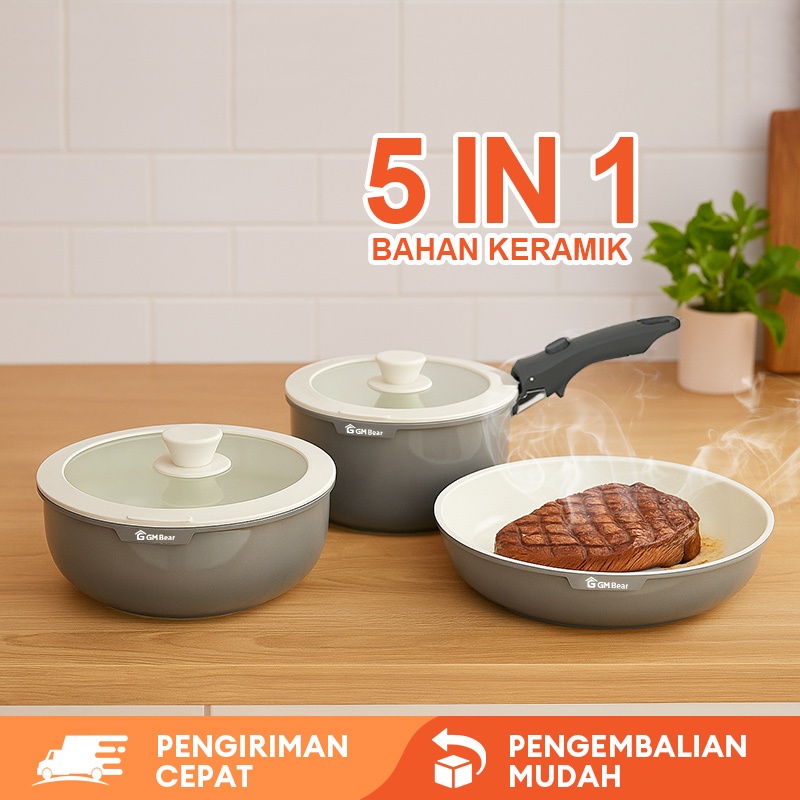 De Essential Panci Set Keramik 3pcs 2320 - Pan Teflon Panci Anti Lengket Gagang Lepas Pasang