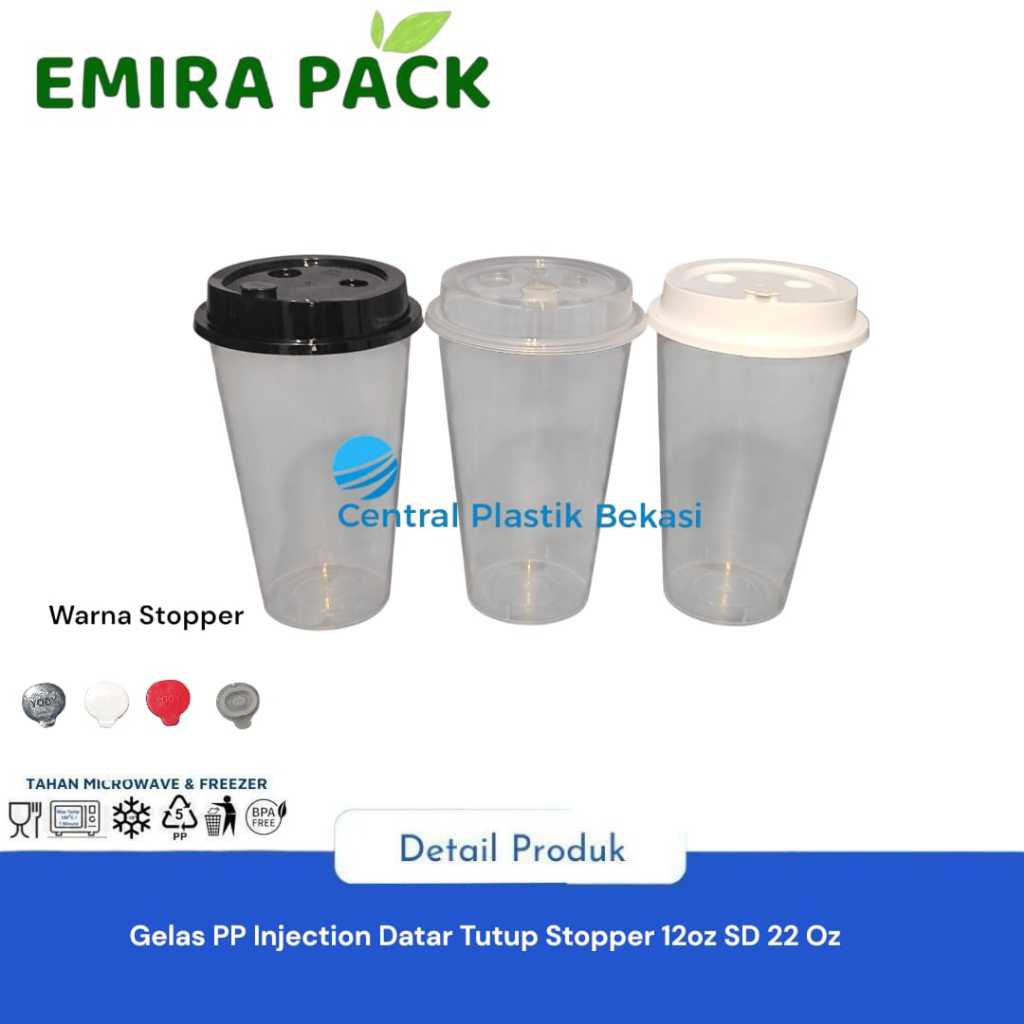 Gelas Cup PP Injection Bening Datar 12oz /14oz /16oz / 22oz Stopper  25PC