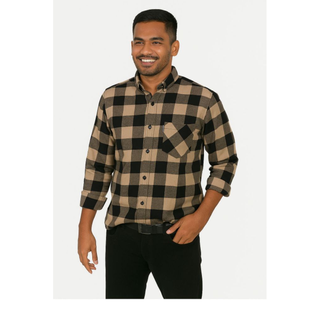 Kemeja flanel pria lengan panjang premium cowok/cewek lengan panjang baju distro Slim-fitting Hitam 