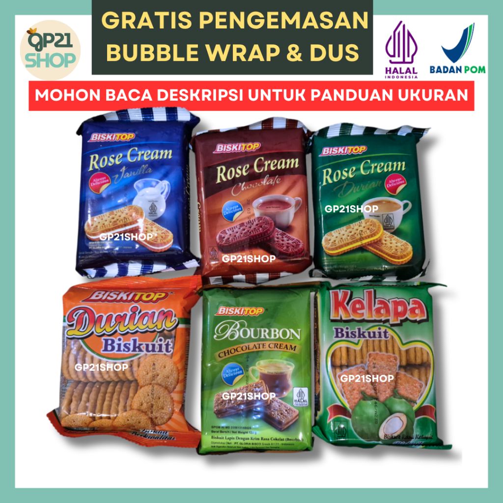 Biskitop Rose Cream 120gr, Bourbon 120gr, Biskuit Durian 118gr, Biskuit Kelapa 130gr
