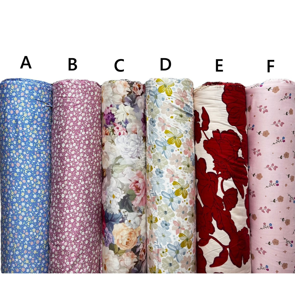 Bahan kain katun rayon viscose premium motif salur motif abstrak bunga kecil warna biru dan dusty pi