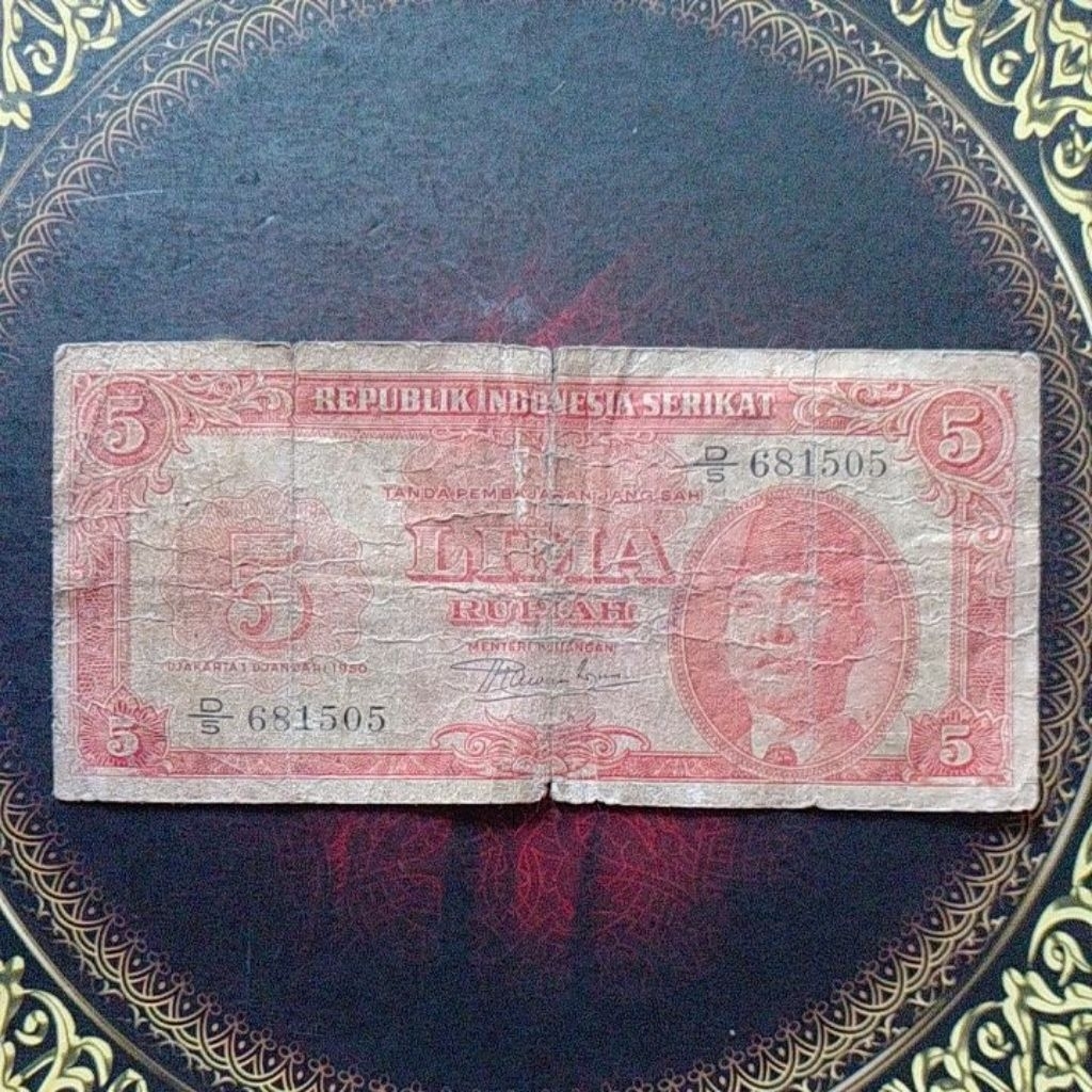 Uang RIS Sukarno 5 rupiah 1950 fine sobek
