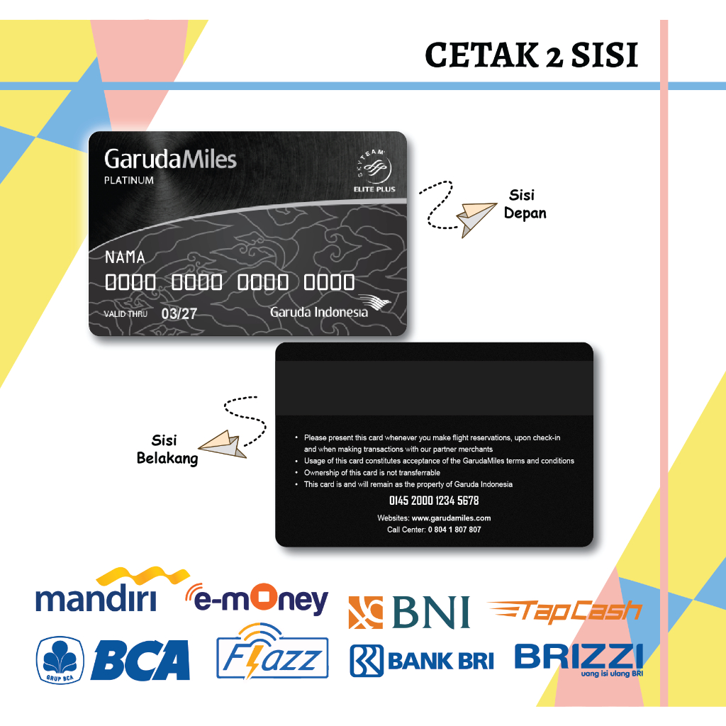 KARTU EMONEY DEBIT CARD GARUDA MILES BLACK MANDIRI FLAZZ BCA GEN 2 BNI TAPCASH BRIZZI BRI - 2 SISI