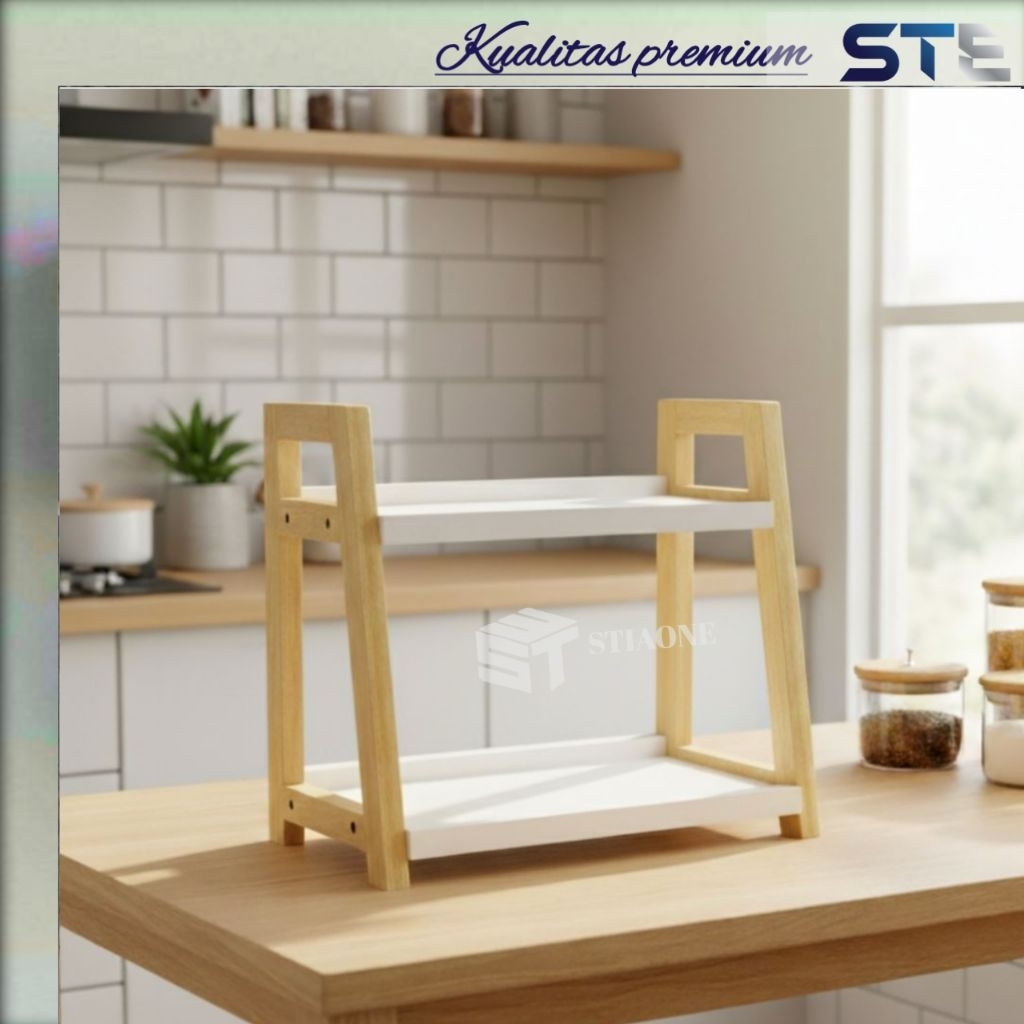 RAK BUMBU DAPUR SERBAGUNA 2 SUSUN / RAK DAPUR AESTHETIC / RAK KOSMETIK MUDAH DI BERSIHKAN KAYU PUTIH
