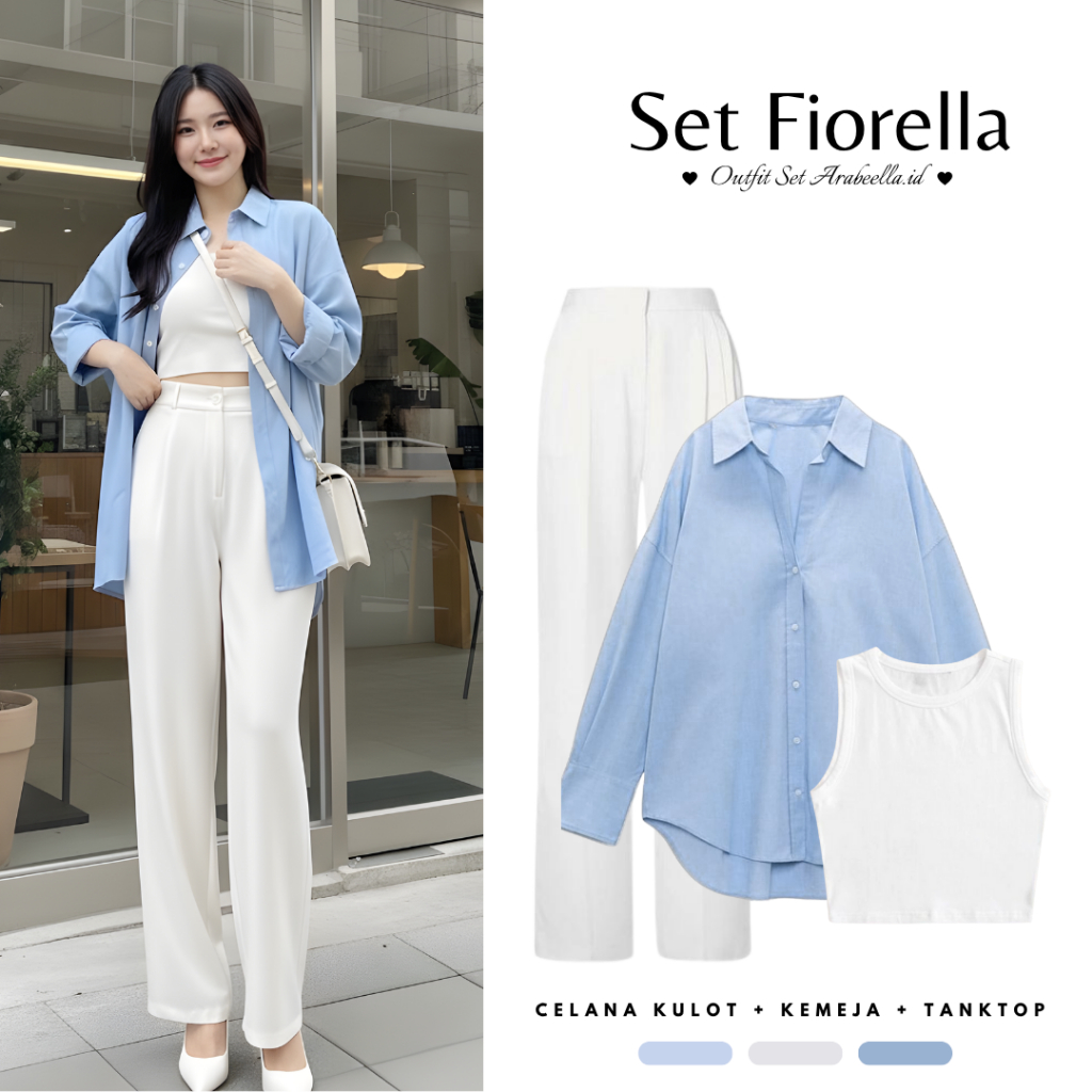 Setelan Wanita Fiorella ( Celana Kulot + Kemeja + Tanktop Crop ) Outfit Hangout Kekinian Remaja Ootd