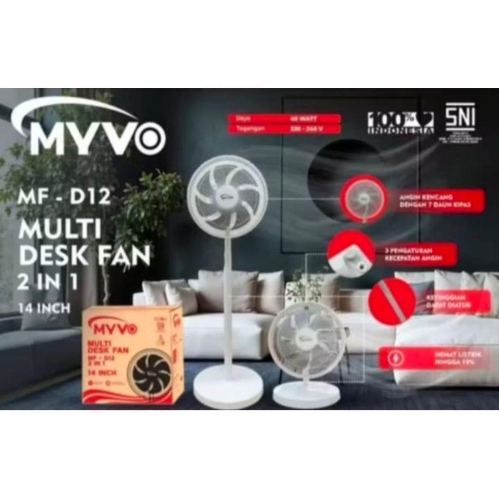 MYVO Multi Desk Fan 2in1 14" inch Warna Putih ( Stand & Desk Fan 14 inc)