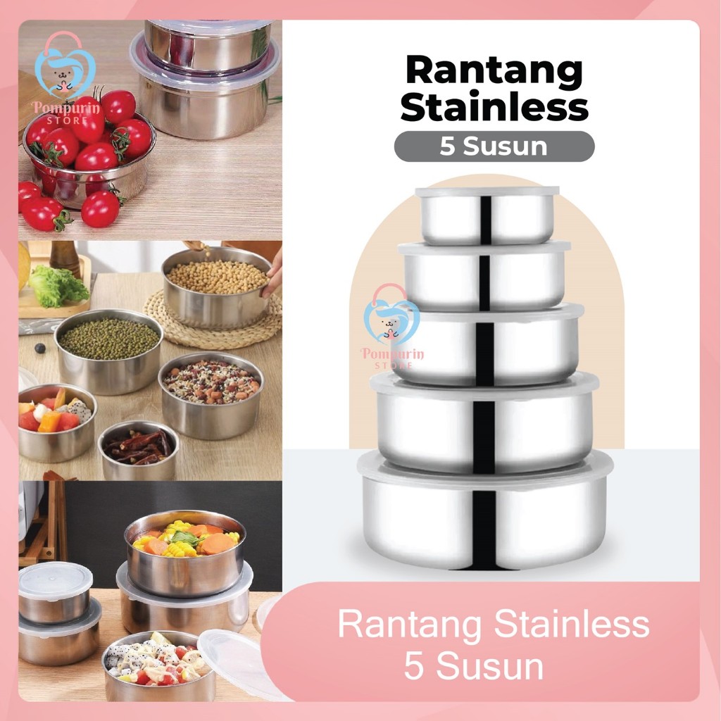 Rantang Stainless 5 Susun + Tutup Plastik - Rantang Beranak - Rantang Tumpuk 5 Set