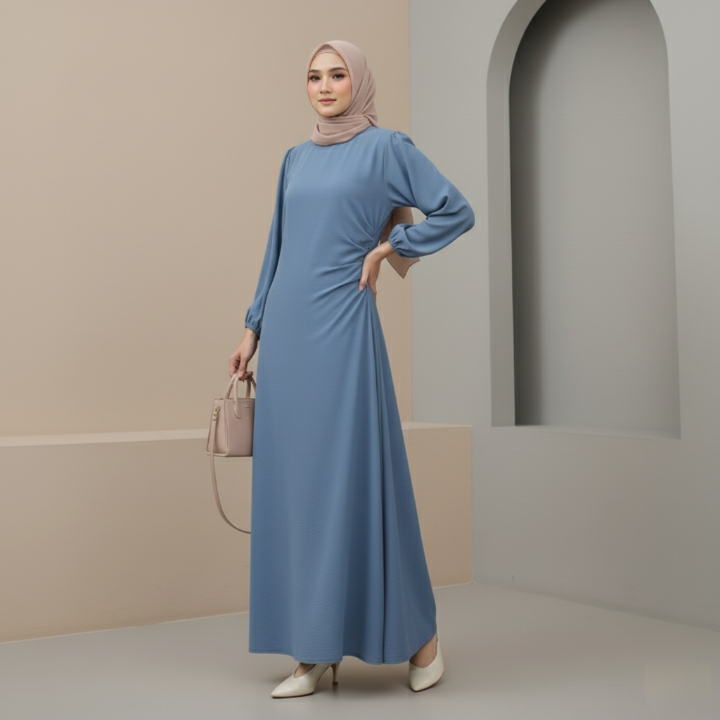Gamis Wanita Raiya Dress Polos Simple Elegan Lebaran 2026 Remaja Kekinian
