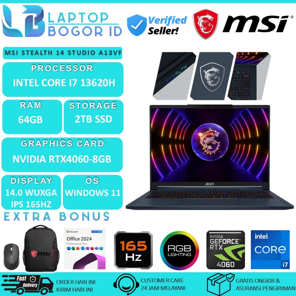 MSI Stealth 14 Studio Nvidia RTX4060 64GB DDR5 2TB 14.0 WUXGA 165HZ RGB windows11