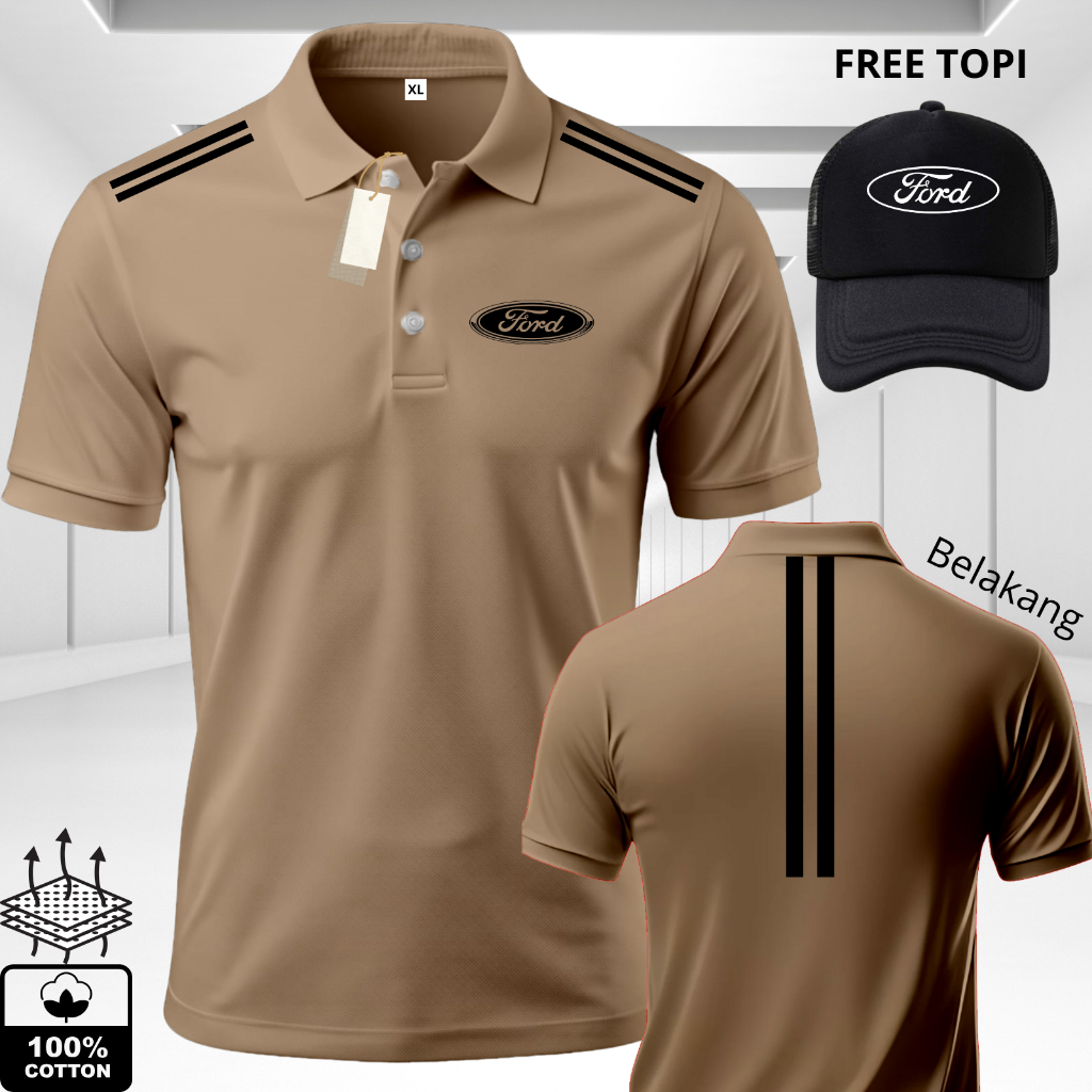 NEW PRODUK - FORD Kiri Hitam/Putih Garis Polo Shirt Pria Keren – Baju Polo Fashion Nyaman + Free top