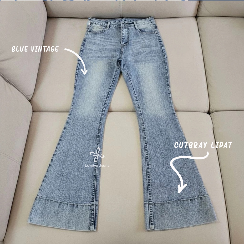 Jennie-HighWaist Cutbray Jeans Celana Flare Panjang Stretch Wanita Retro Vintage Lipat Bawah