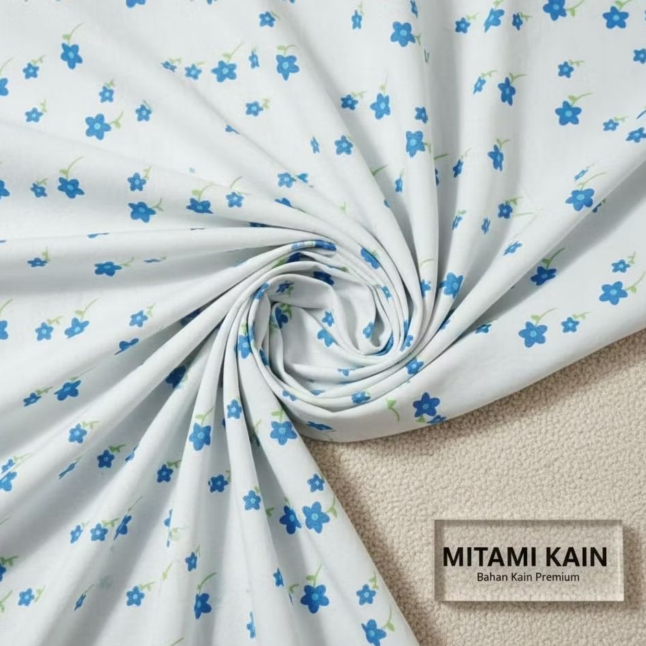 Kain Crinkle Airflow Motif Bunga Biru Kecil Dasar Putih Meteran Bahan Gamis Dress Blouse (Harga Kain