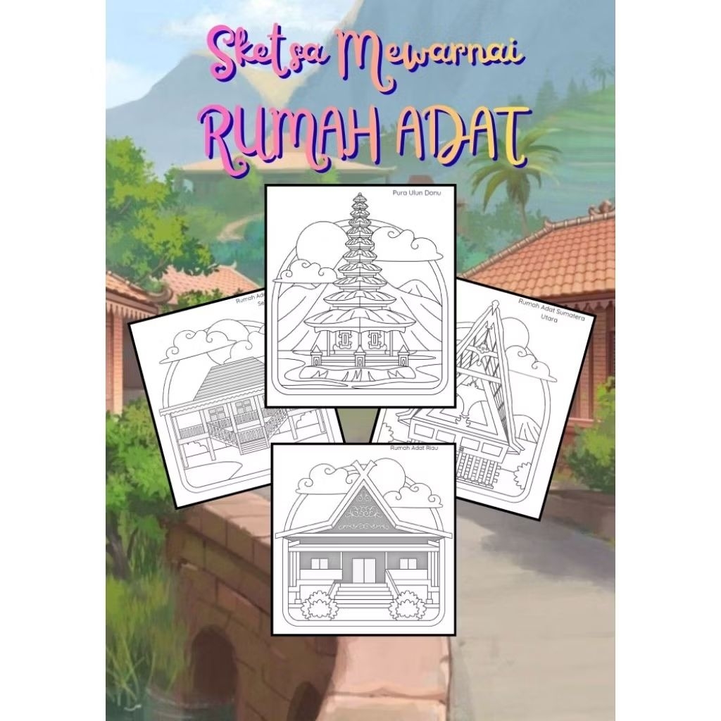 Sketsa mewarnai rumah adat (minimal order 5)