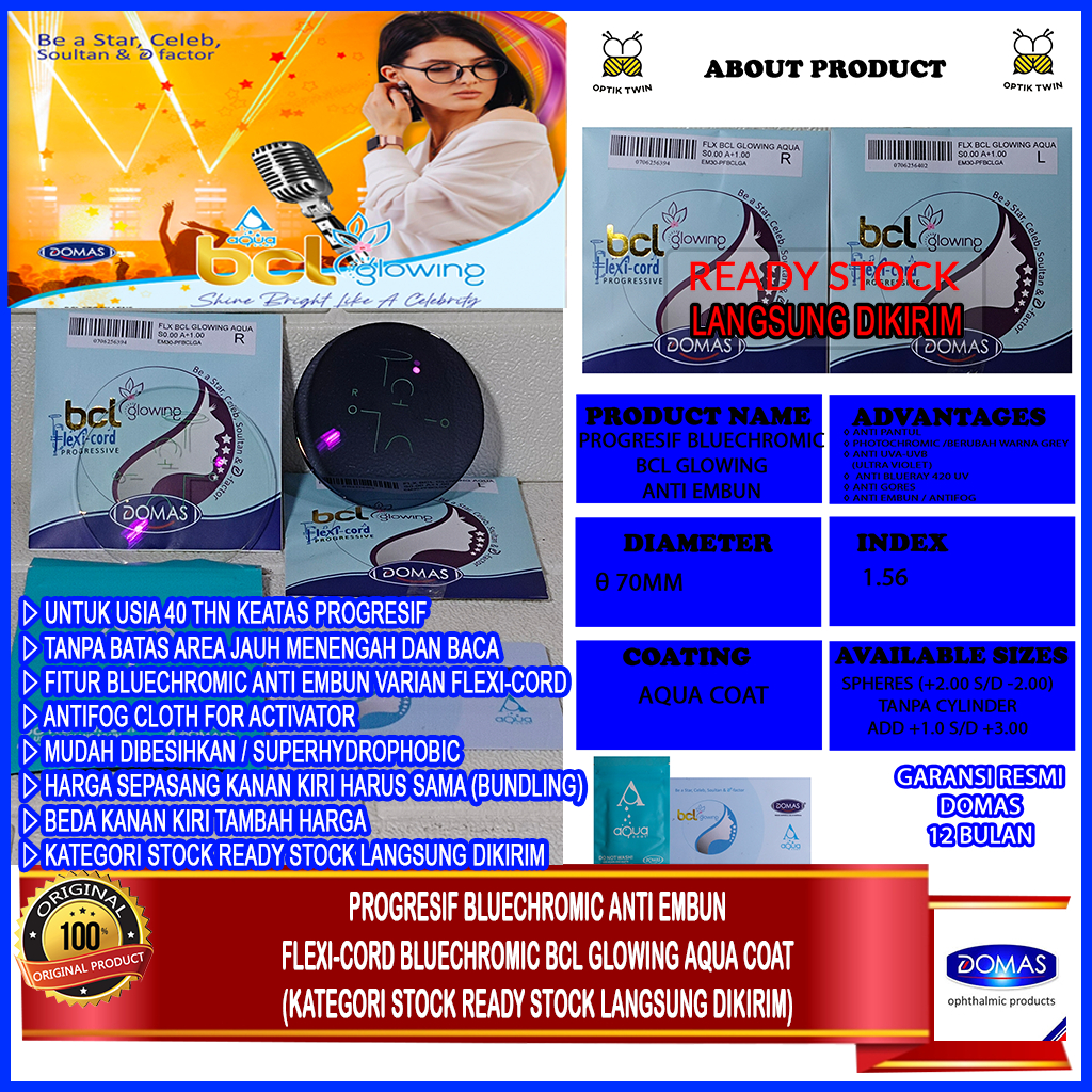 PROGRESIF ANTI EMBUN DOMAS FLEXI-CORD BLUECHROMIC BCL GLOWING AQUA COAT READY STOCK