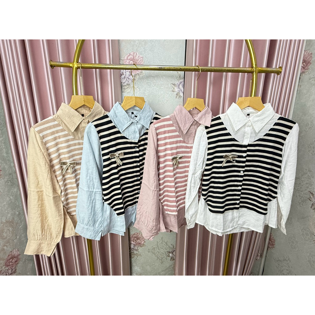blouse premium motif salur bahan linen mix rajut