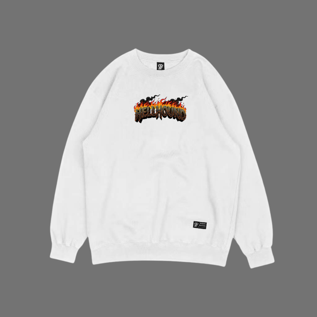 Switer Cowok Distro Oversize Warna Putih List Hellhound Basic Sweater Pria Original Tebal Katun Flec