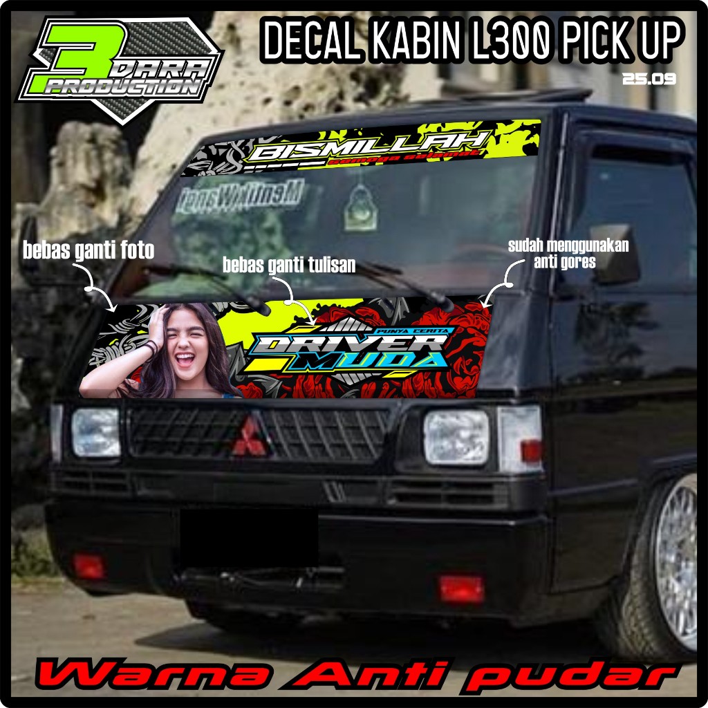 SATU SET STIKER KABIN DEPAN L300 + STIKER KACA DEPAN MOBIL L300 BISMILLAH BEBAS CUSTOM TULISAN DAN F
