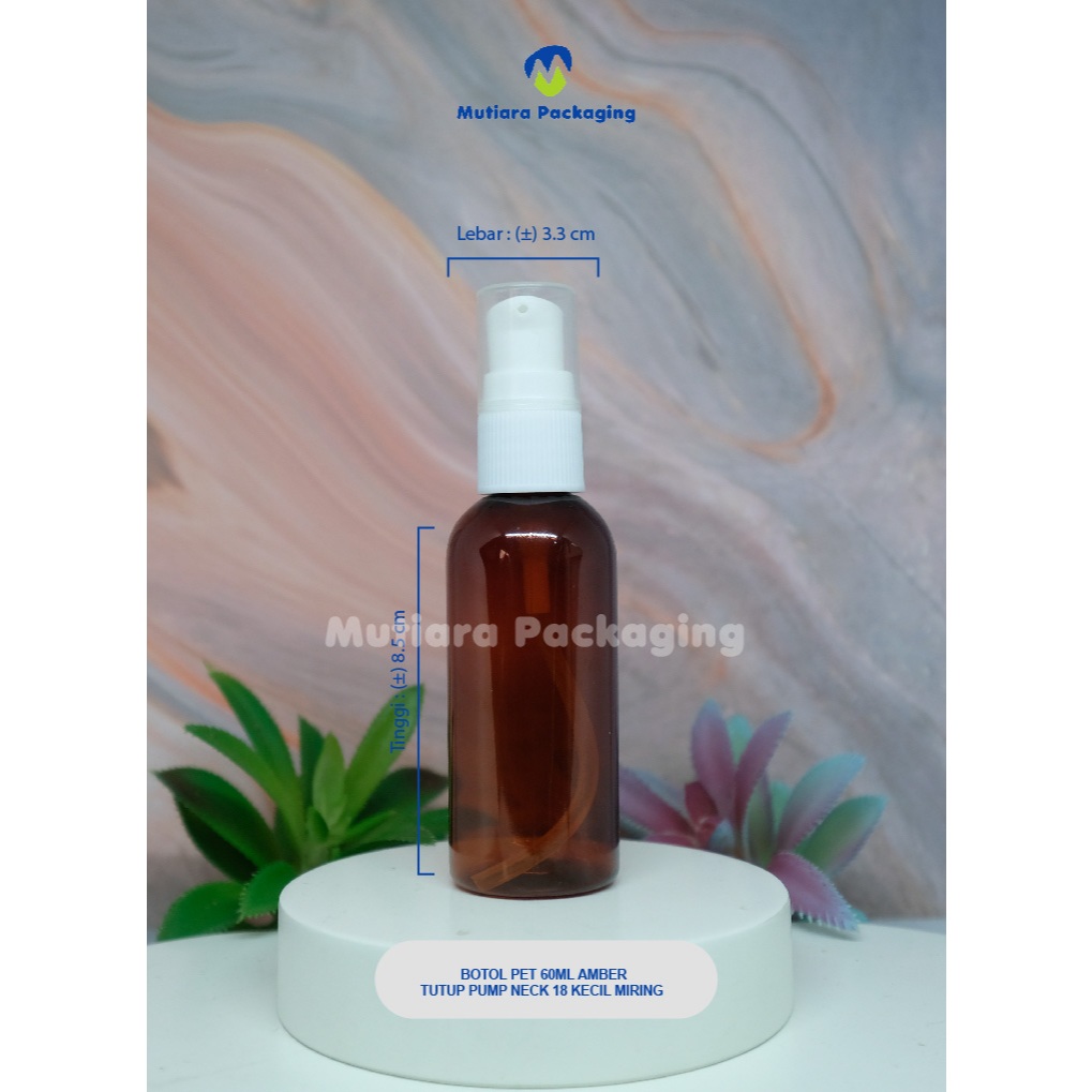 BOTOL PET 60ML AMBER / TUTUP PUMP NECK 18 KECIL MIRING - BOTOL AMBER TUTUP PUMP NECK 18 KECIL MIRING