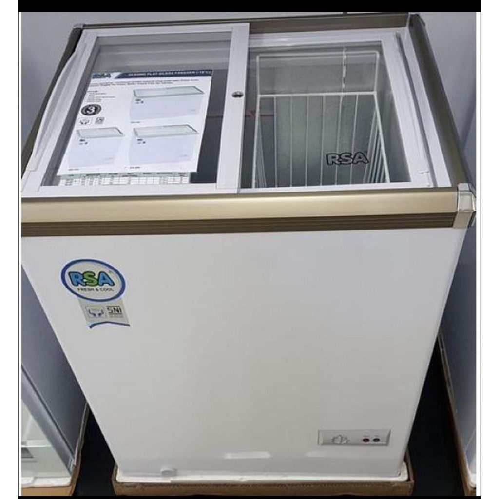 FREEZER BOX RSA XS110 SLIDING FLAT GLASS FREEZER KAPASITAS 100 LITER