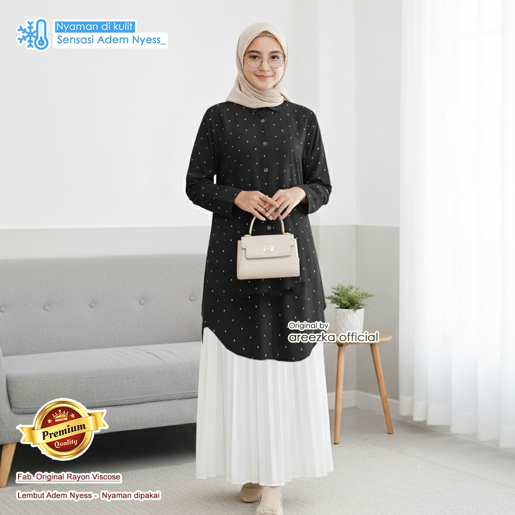 POLKADOT Areezka Tunik Motif Polkadot Titik Titik Bintik Bintik Putih Kecil