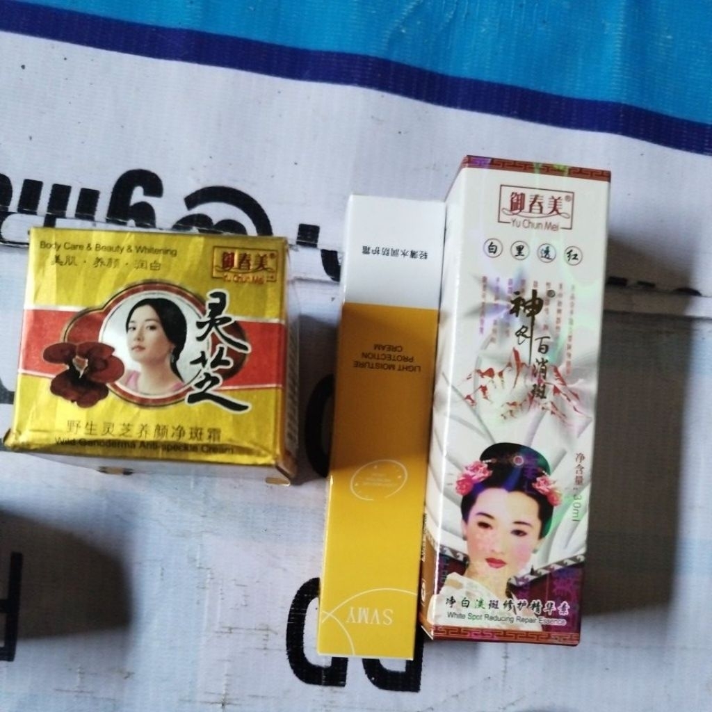 3pcs.krim malam ganoderma.sunscreen.serum bening embos.original yu chun mei iso.hci