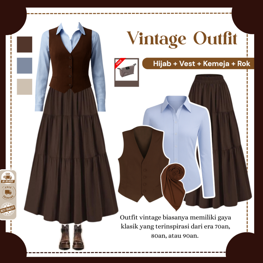 Loza Outfit Vintage Style ( Hijab + Vest + Blouse + Rok Ruffle ) Outfit Yearbook Vintage Viral - N31