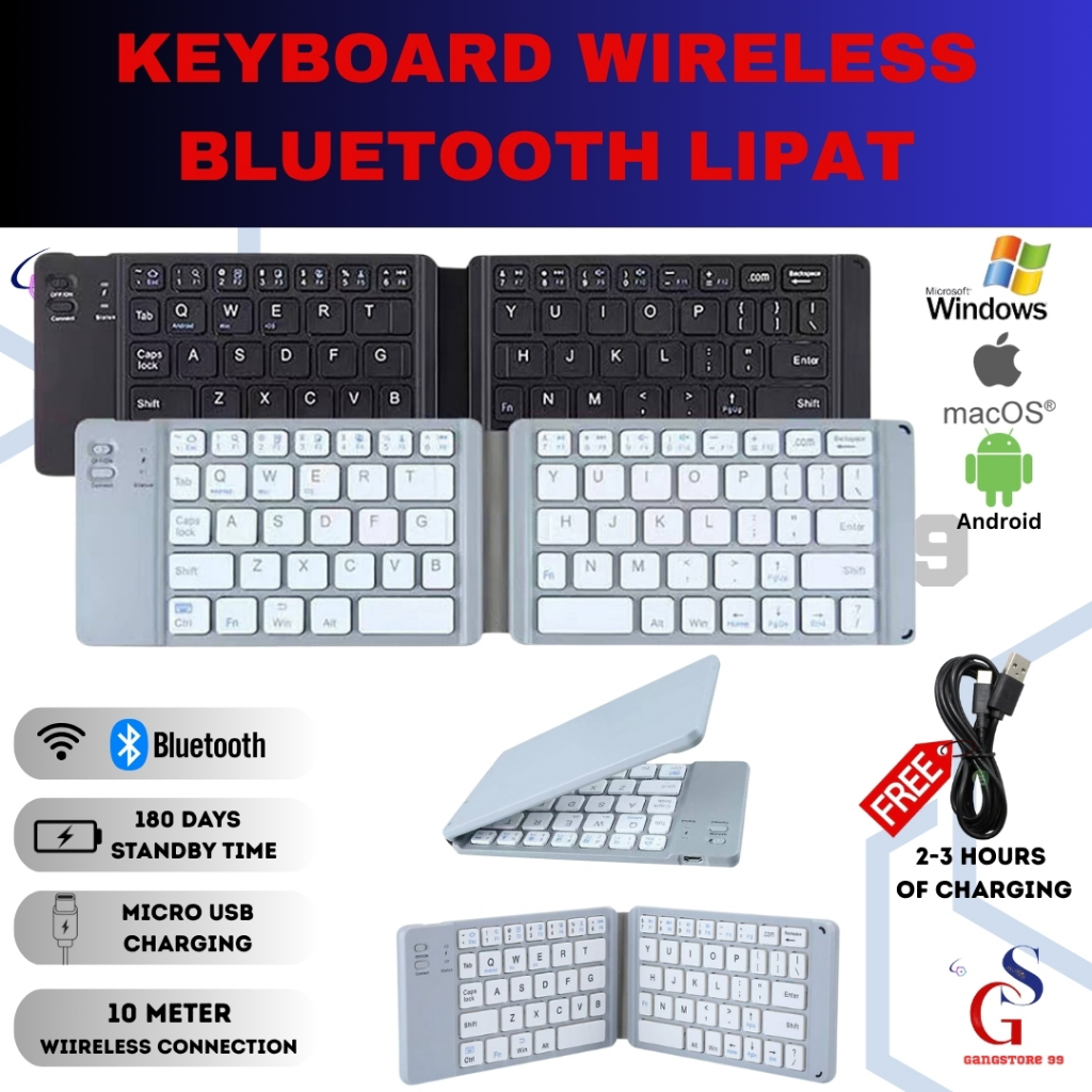 Keyboard Lipat Wireless Bluetooth Mini Portable Foldable Laptop HP Tablet Rechargeable Wireless Blue