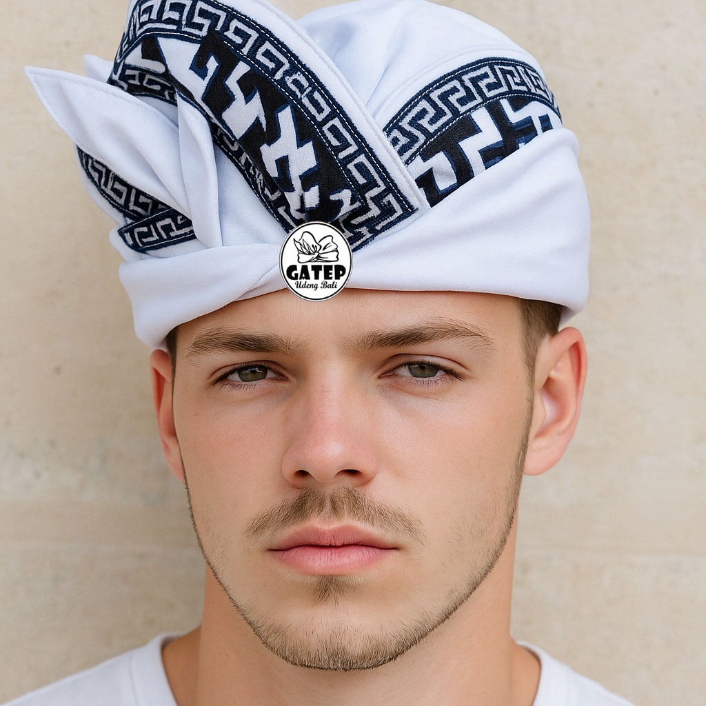 Udeng Bali Putih Polos Tepi Poleng Hitam Putih Setengah Jadi - Ikat Kepala Bali - Topi Bali