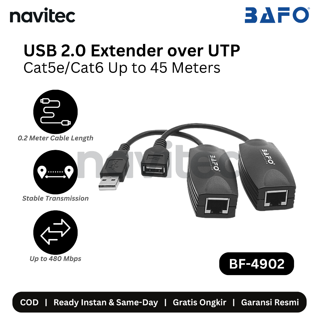 BAFO USB 2.0 Extender Over UTP LAN Cat5e/Cat6 Up to 45M Meter BF-4902 BF4902