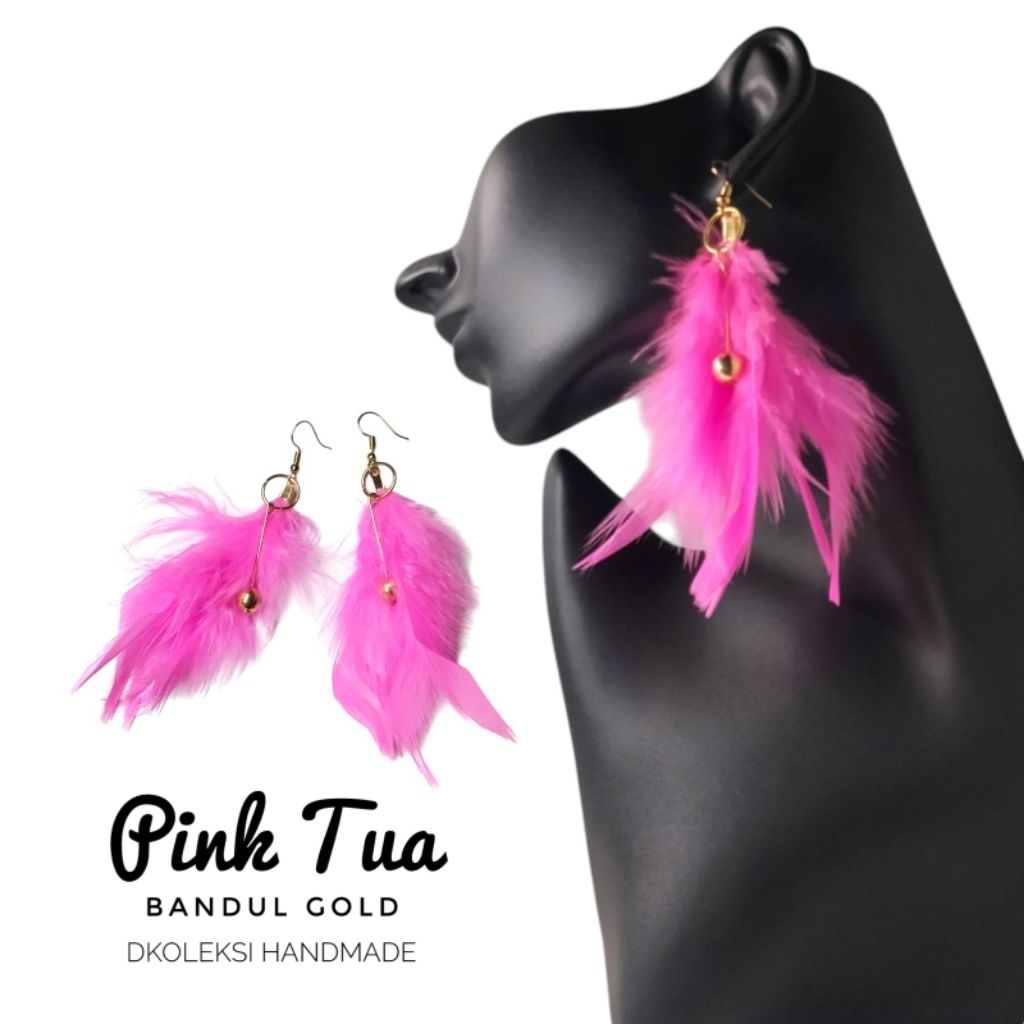 Anting Fashion Bulu Angsa Pink Tua Bandul Gold | Earring Hijab
