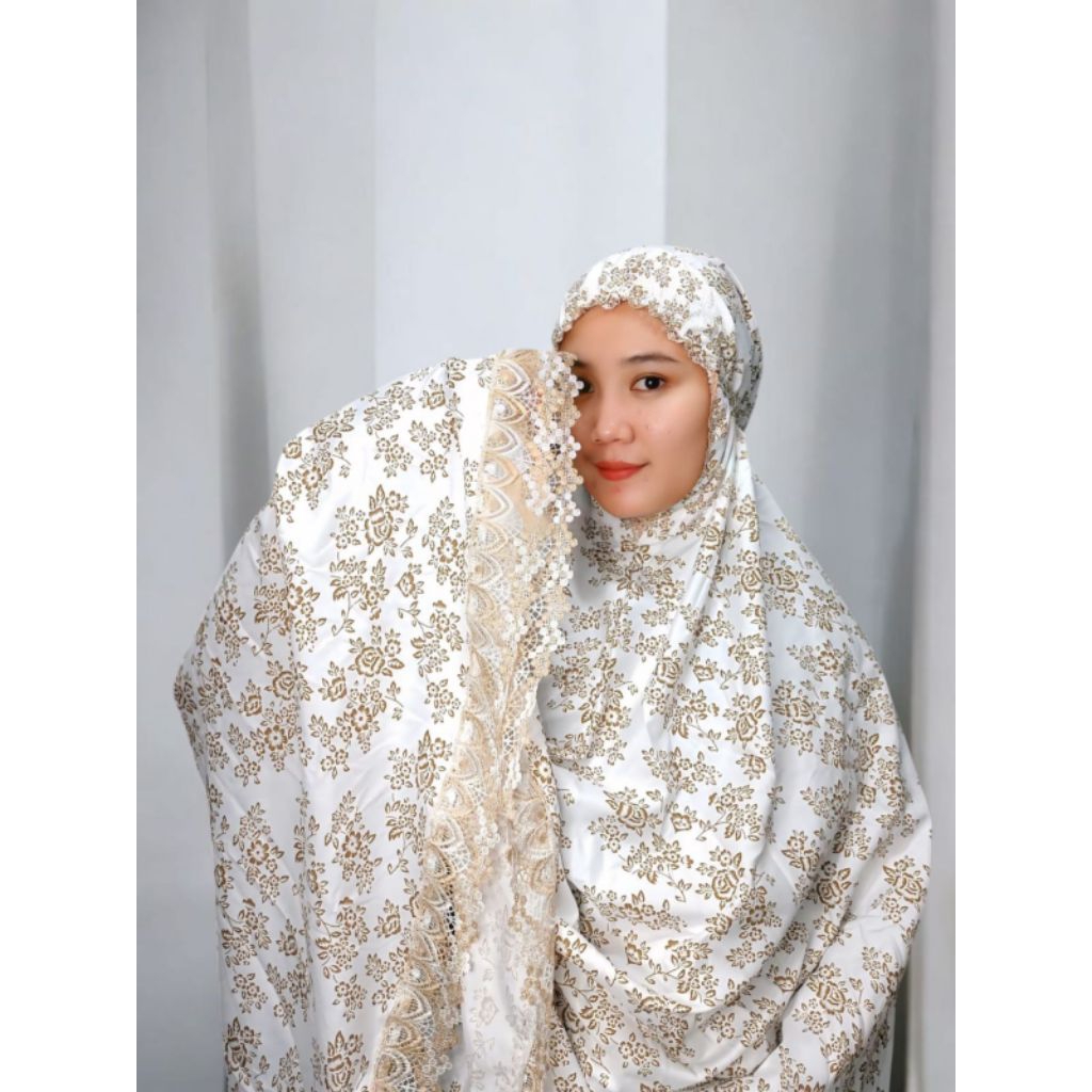 YASMEEN - MUKENA DEWASA KATUN FOIL MOTIF ROSE GOLD GLITTER RENDA MEWAH TERUSAN & SETELAN ROK • MUKEN