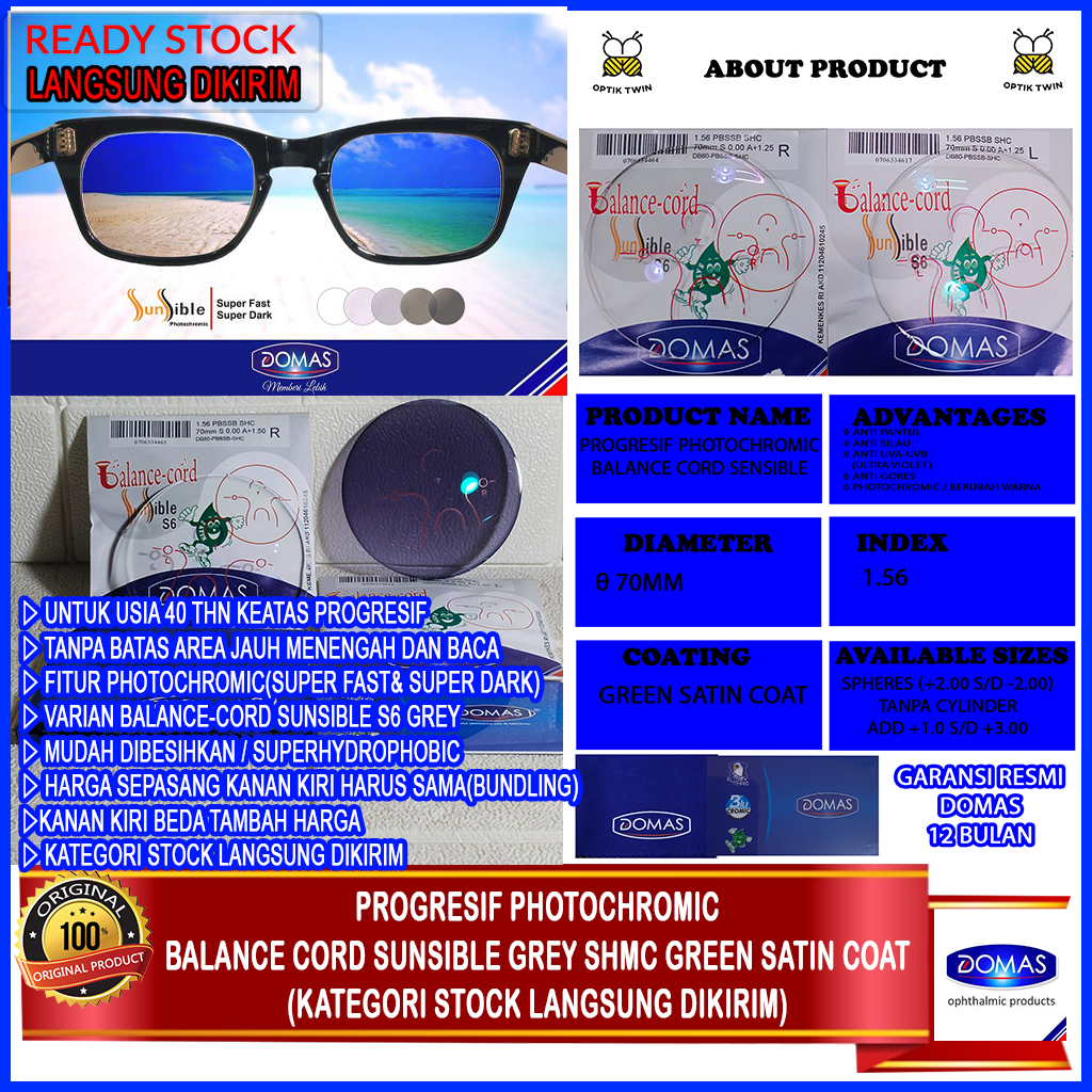 PROGRESIF PHOTOCHROMIC PREMIUM DOMAS BALANCE-CORD SUNSIBLE GREY 6 SHMC GREEN SATIN COAT READY STOCK