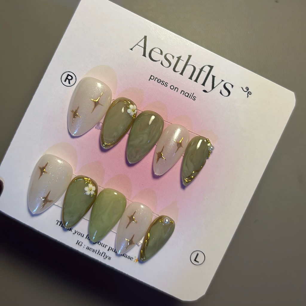 Sage press on nails | Press on nails wisuda | Green press on nails | Nail art marble | Nail art leba