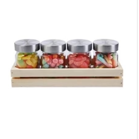 Tempat bumbu set 4 pcs dengan rak penyimpanan dan wadah kaca 250 ml