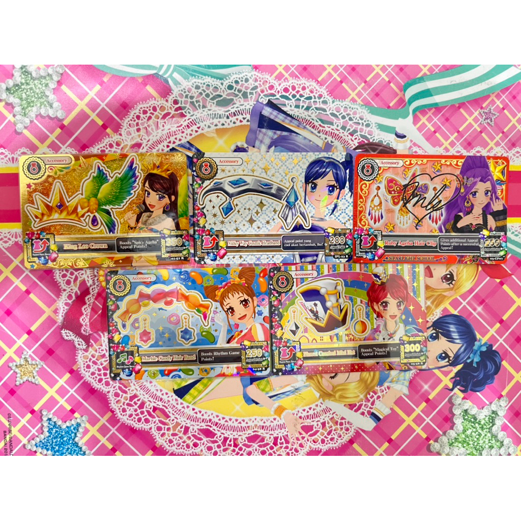 Kartu Aikatsu Premium Accessory King Leo Milky Way Headband Butterly Clip Mizuki Signed Marble Candy
