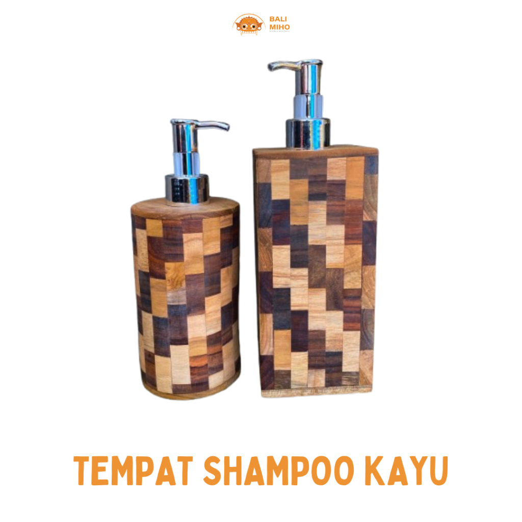 Tempat Shampo Motif Kayu Kotak Kotak 20 cm & 17 cm - Wadah Sampo Kayu - Tempat Sabun Cair Kayu - Dis