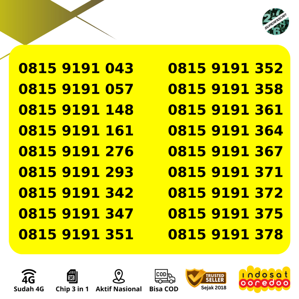 Nomor Cantik Indosat Im3 11 Digit SERI 9191 RAPIH KUOTA 3GB 30 HARI VARIAN 1 - 4G Ready