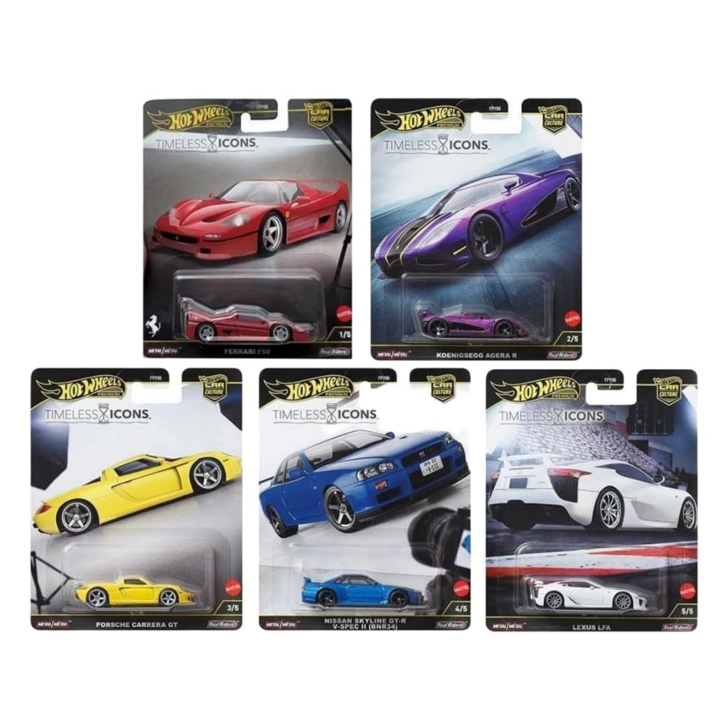 Hot Wheels Timeless Icons | Ferrari F50, Nissan Skyline GT-R R34 V-Spec II BNR34, Koenigsegg Agera R