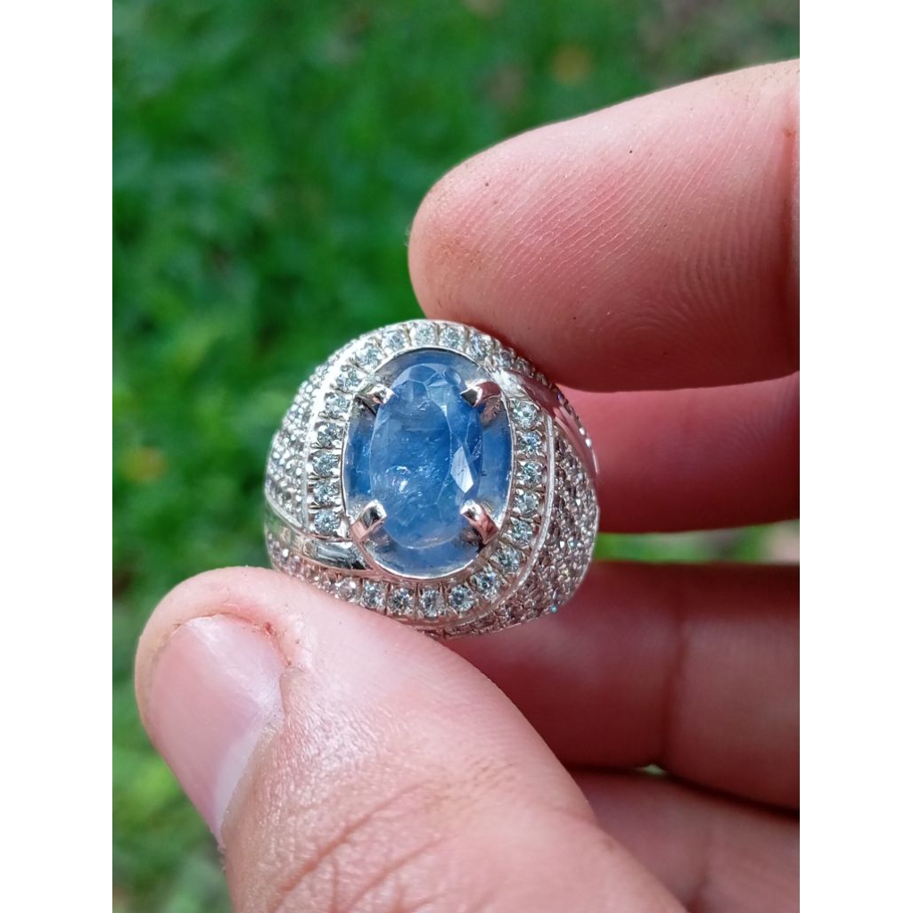 blue safir Ceylon Srilanka no heated memo ring perak microsetting mewah
