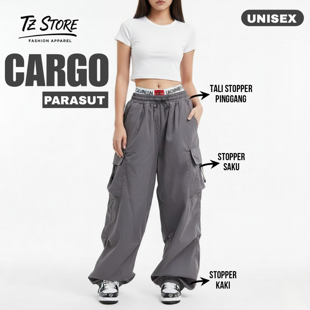 Celana Cargo Parasut Panjang Harajuku Casual Baggy Pants Kargo Hightwaist Pria Wanita