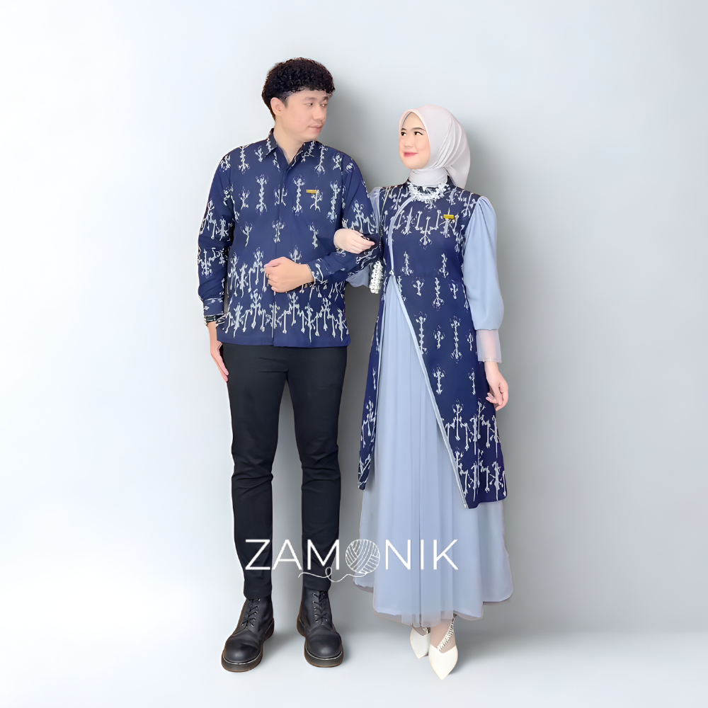Zamonik - Set Baju Couple Gamis Dress Kemeja Tenun Kondangan Nikahan Simpel Mewah Elegan