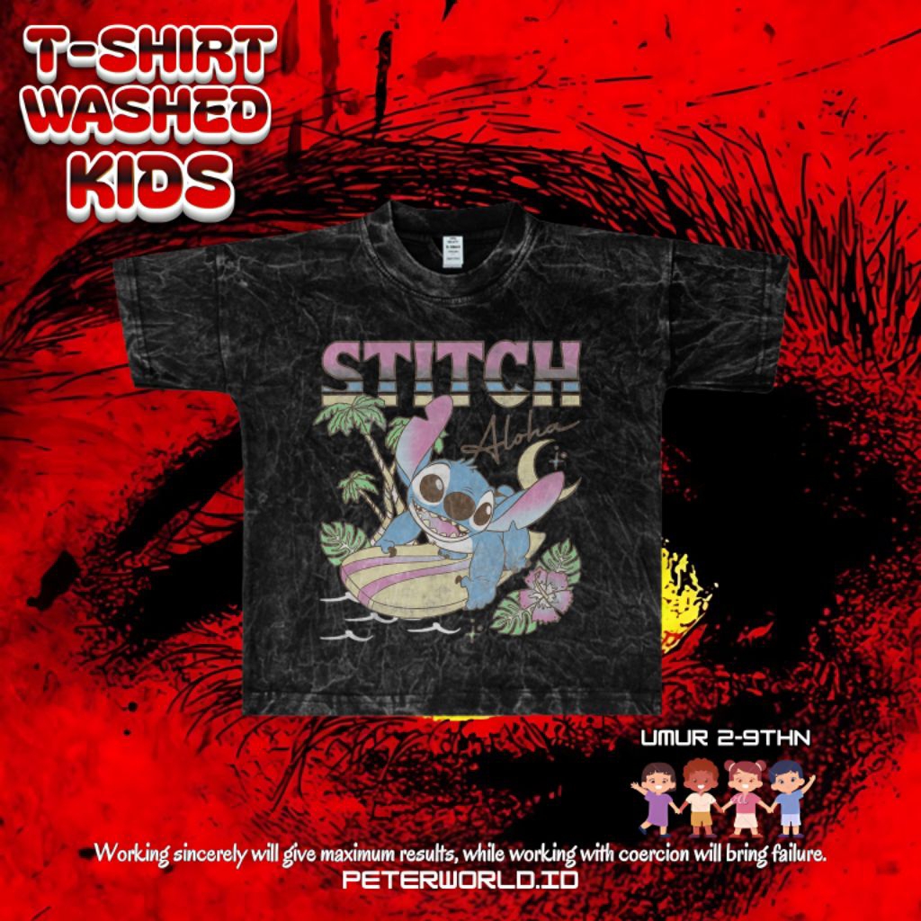 Kaos Stitch Aloha Anak Washing Oversize Vintage Tee | Kaos Oversized | Kaos Anak Washing | Oversized